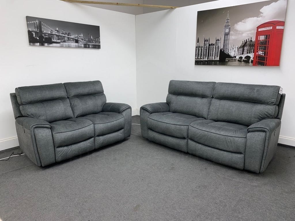 ( STAFF VOTED MOST COMFY ) - Portebello Electric Recliner Grey Fabric 3 Seater + 2 Seater Sofa Suite Set | Couch | - Image 2