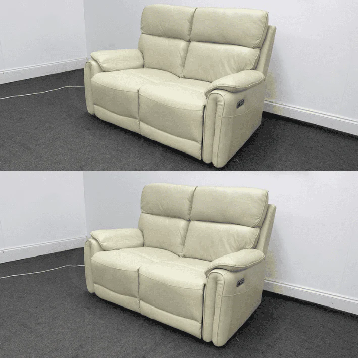 Clearance Package! Supreme Electric Power Recliner Cream / Ivory Leather 2 Seater + 2 Seater Sofa Set + USB Ports