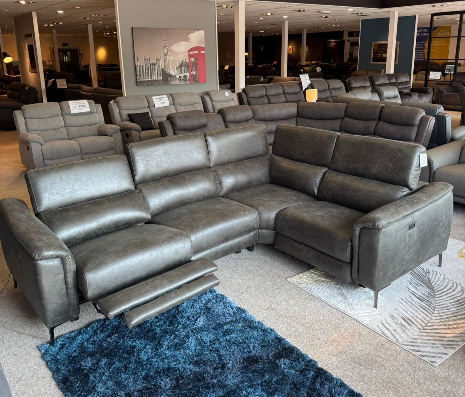 Beckham Reversible Electric Recliner Grey Resilience Fabric Corner Sofa With Adjustable Headrests