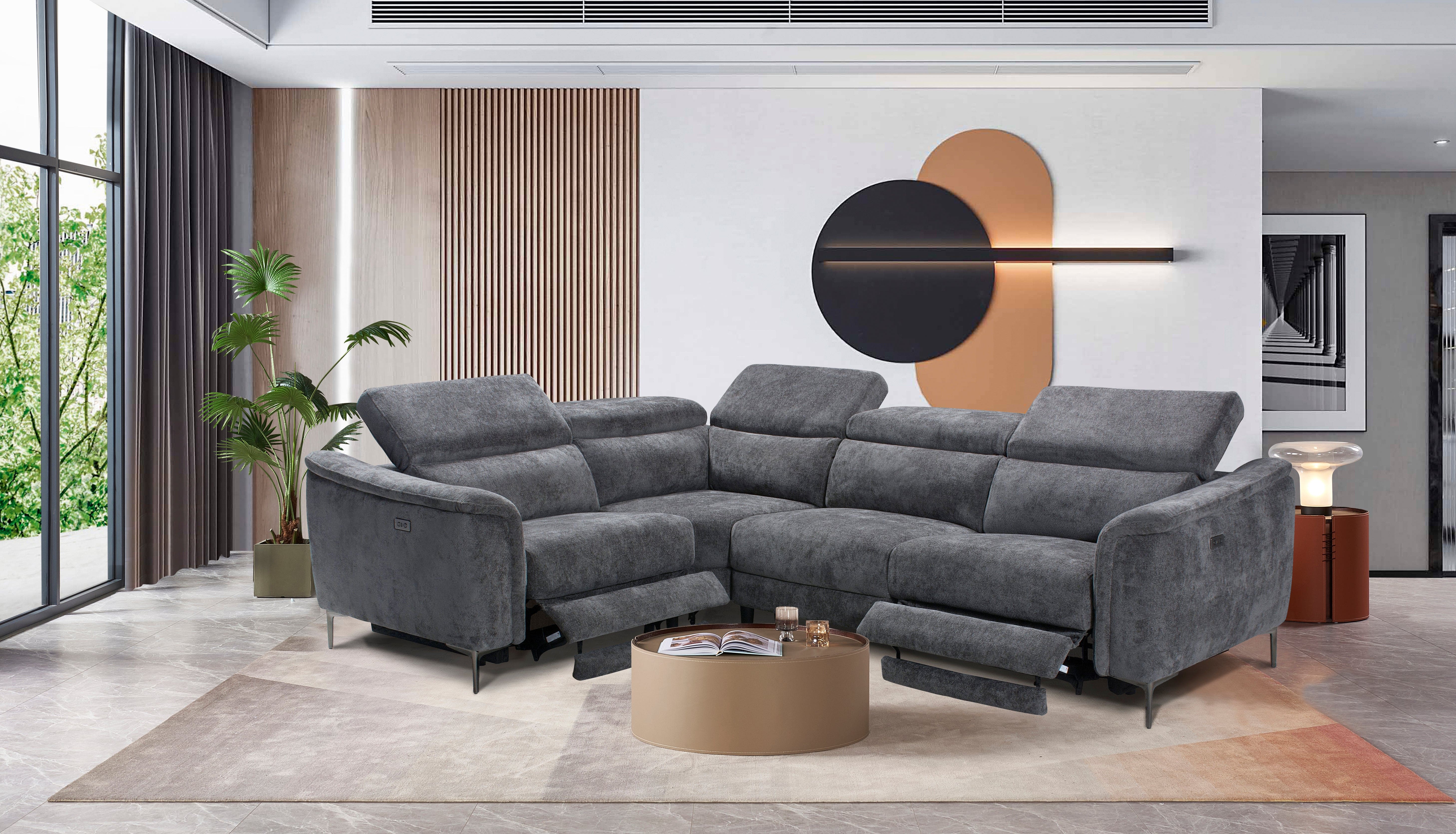 Beckham Reversible Electric Recliner Grey Fabric Corner Sofa With Adjustable Headrests