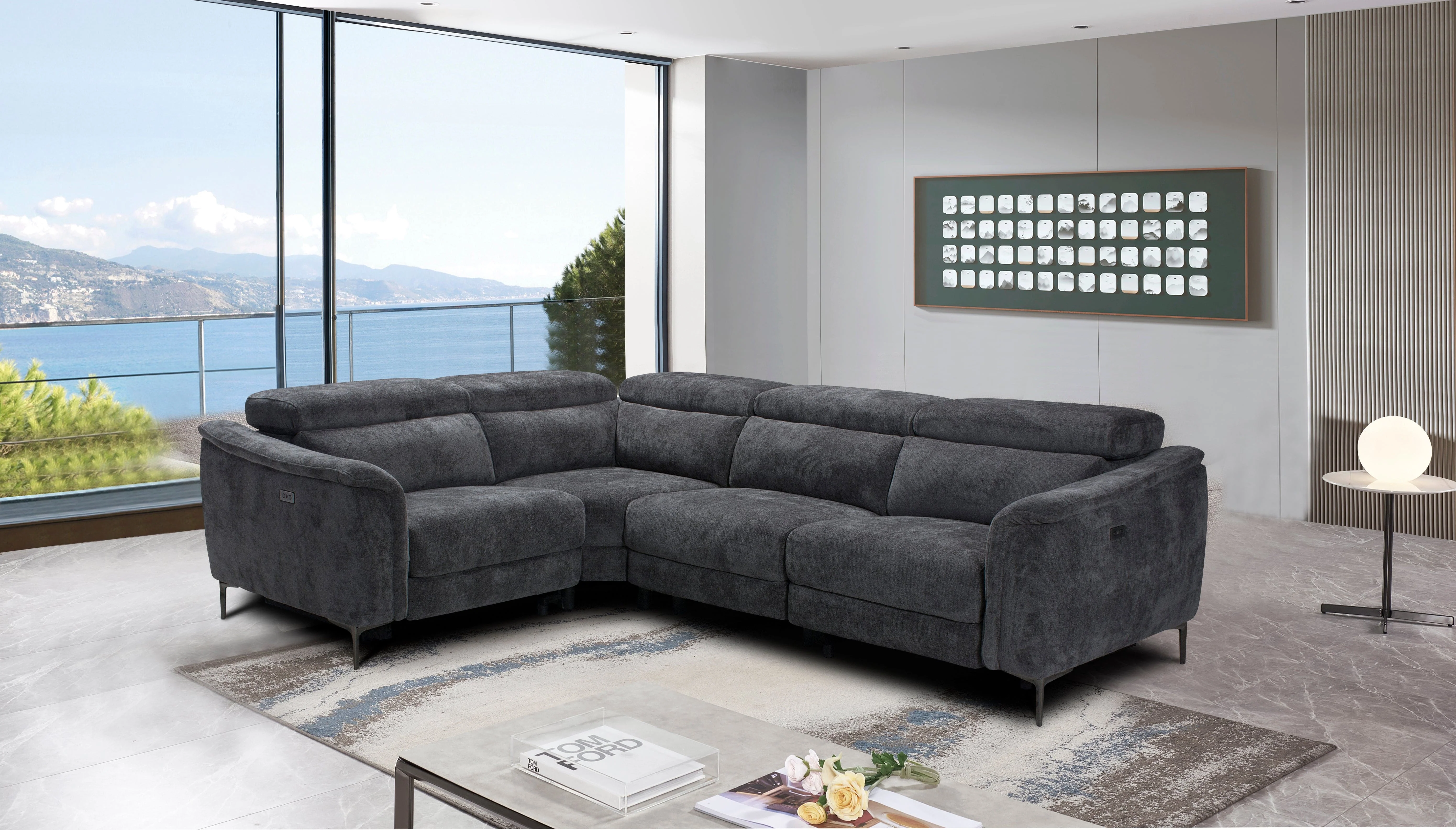 Beckham Reversible Electric Recliner Grey Fabric Corner Sofa With Adjustable Headrests - Image 2