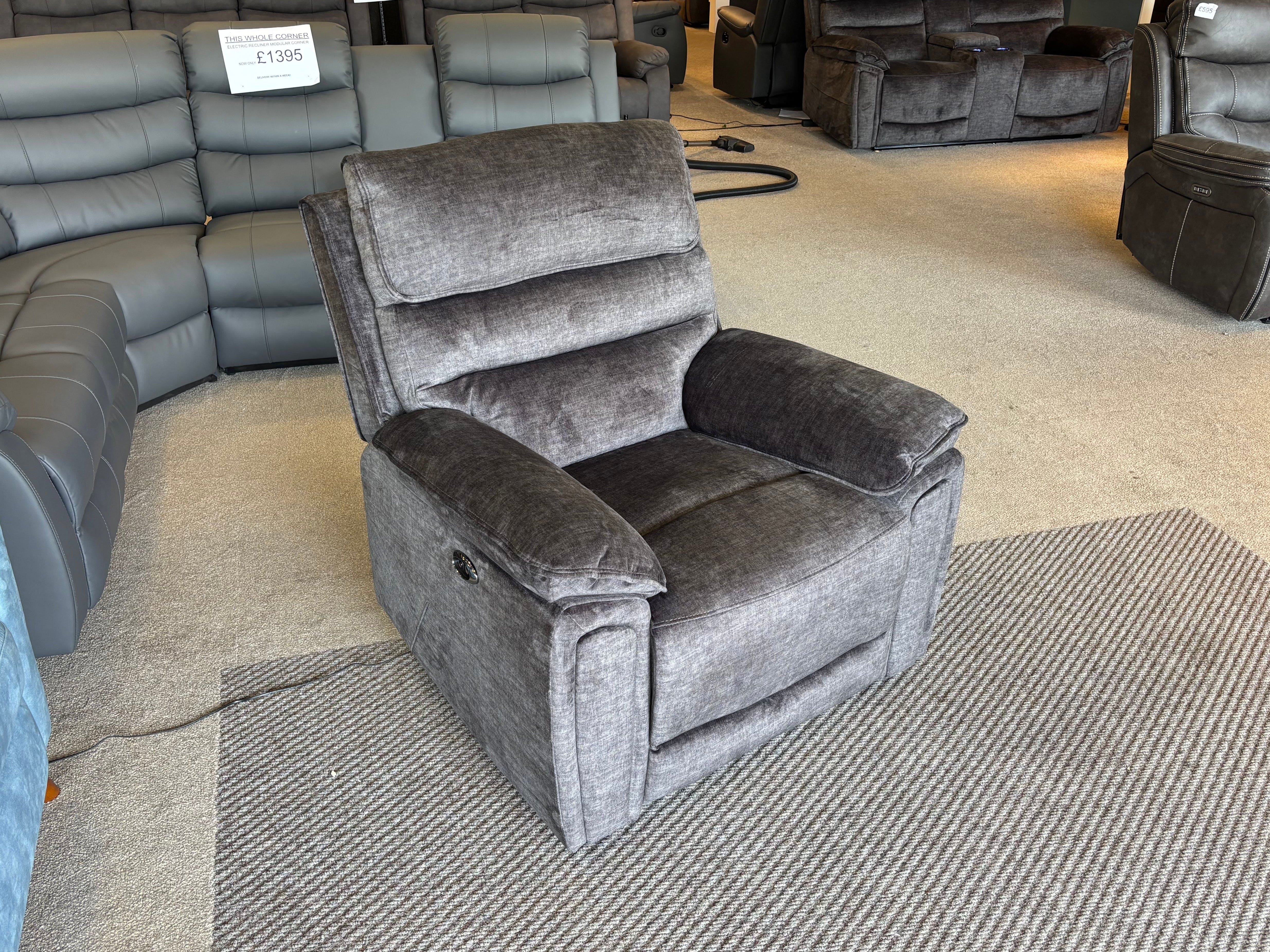 The “ Donald " Electric / Power Reclining Charcoal Grey Velvet Fabric 1 Seater Sofa / Armchair - USB Charging Plus High Seating & Backrest Position - Image 3