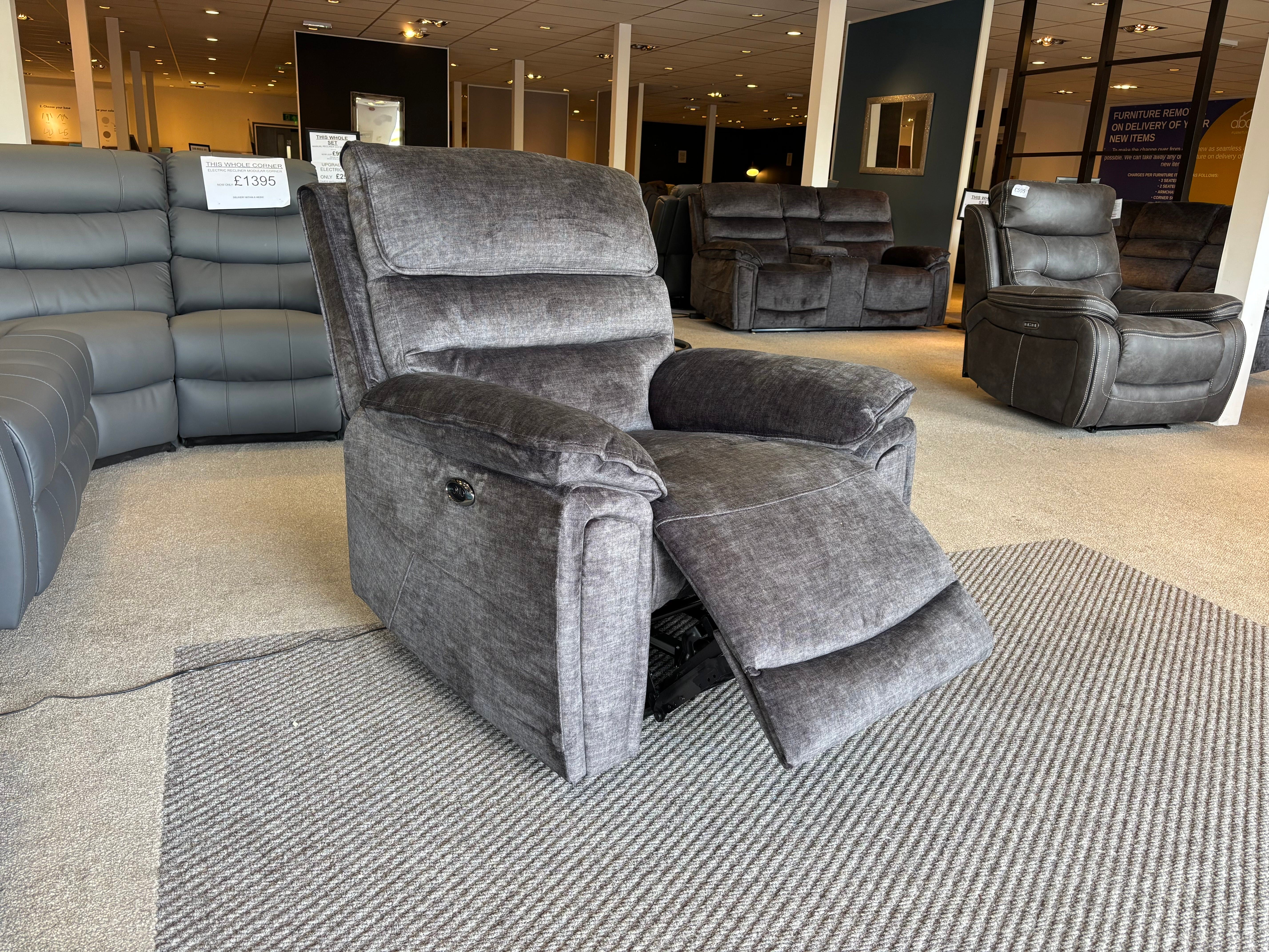 The “ Donald " Electric / Power Reclining Charcoal Grey Velvet Fabric 1 Seater Sofa / Armchair - USB Charging Plus High Seating & Backrest Position - Image 8