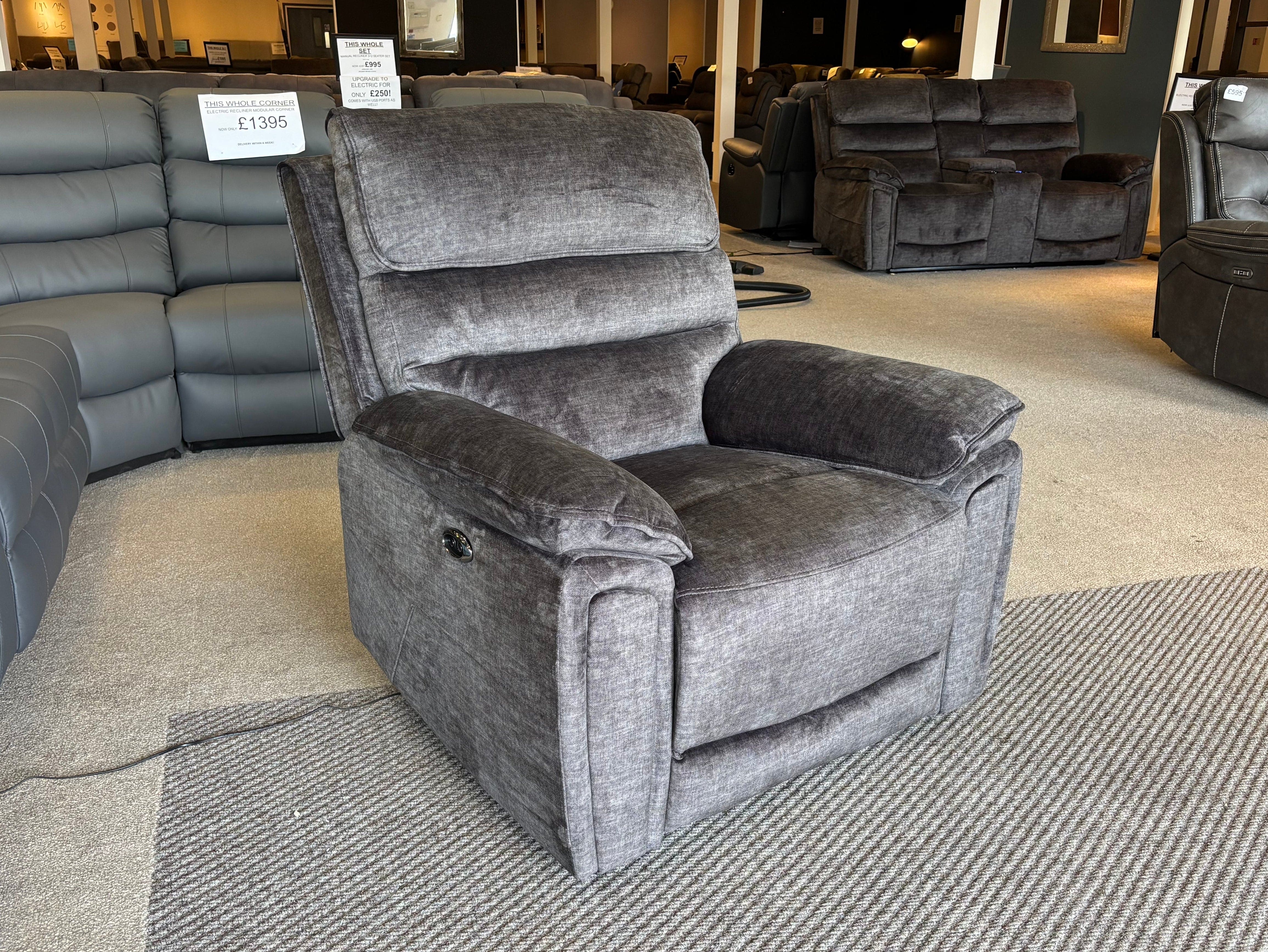 The “ Donald " Electric / Power Reclining Charcoal Grey Velvet Fabric 1 Seater Sofa / Armchair - USB Charging Plus High Seating & Backrest Position - Image 9