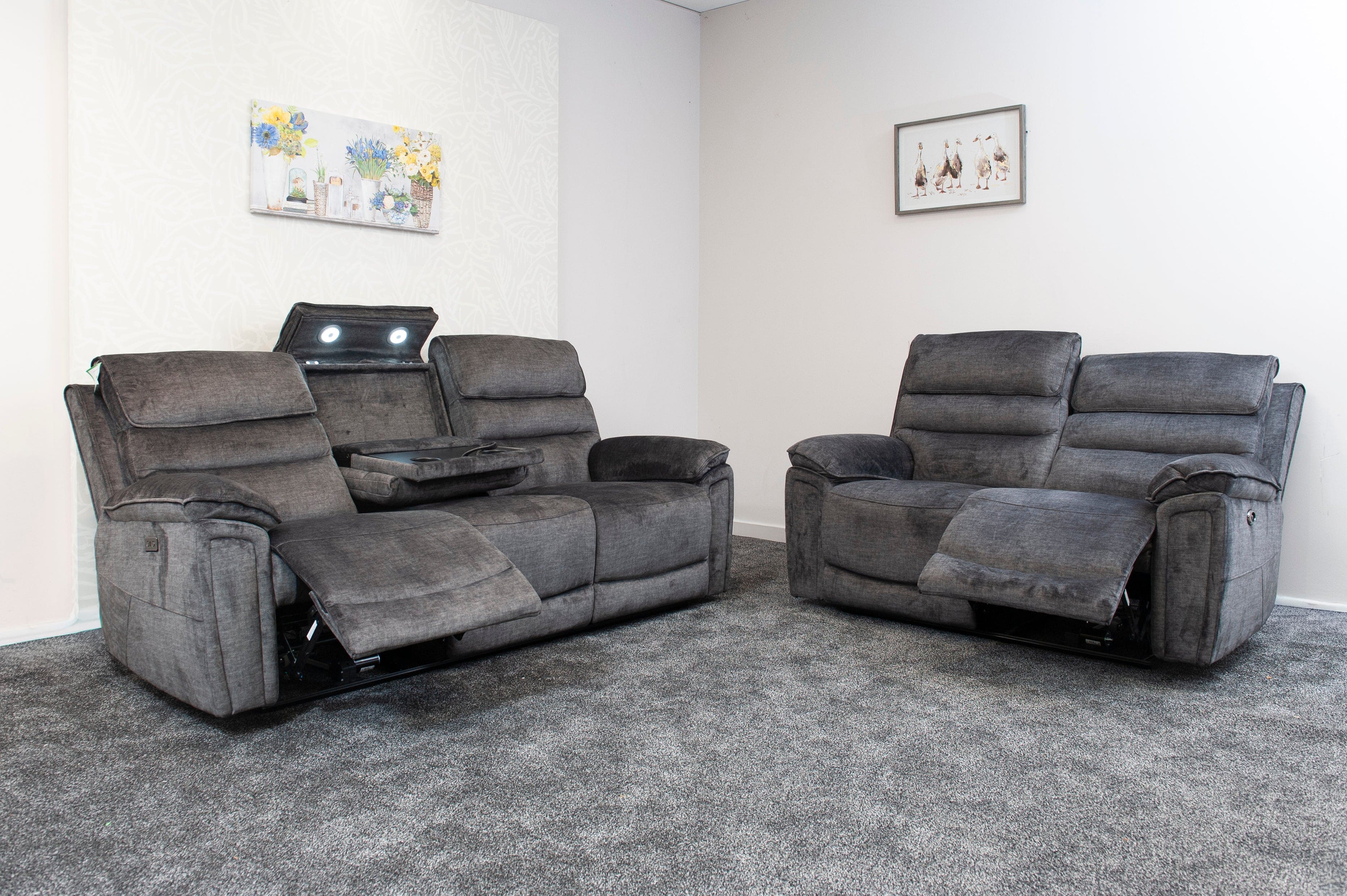 The “ Donald " Electric / Power Reclining Charcoal Grey Fabric 3 + 2 Seater Sofa Set - USB Charging & Drinks Tray Table Plus High Seating & Backrest Position | Couch | - Image 14