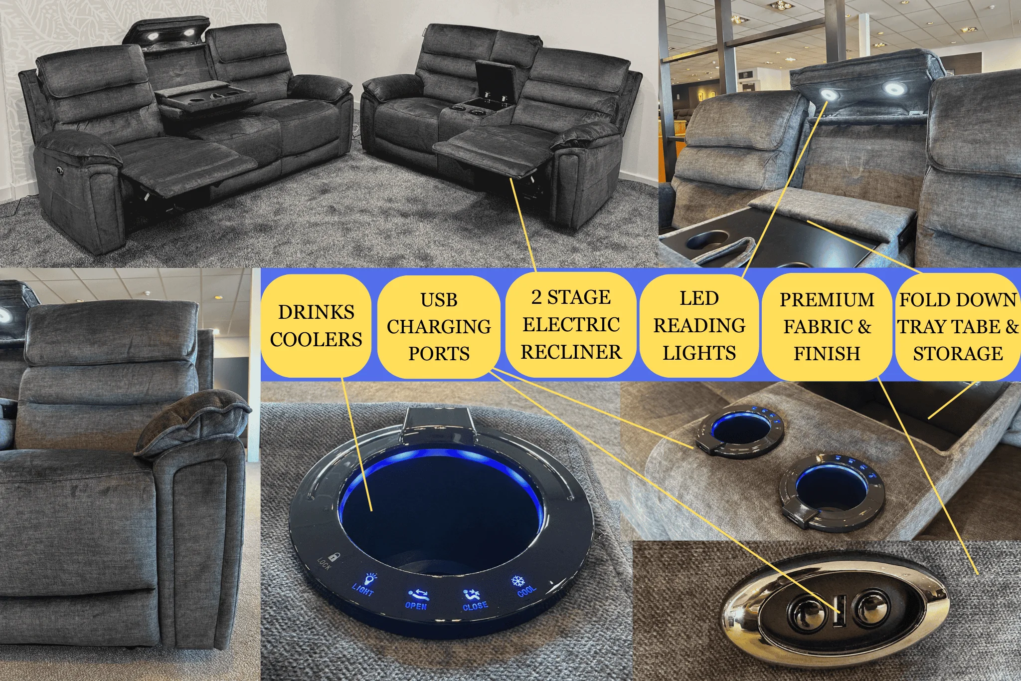 The “ Donald " Electric / Power Reclining Charcoal Grey Fabric Sofa Set - USB Charging & Drinks Tray Table Plus High Seating & Backrest Position | Couch | - Image 17