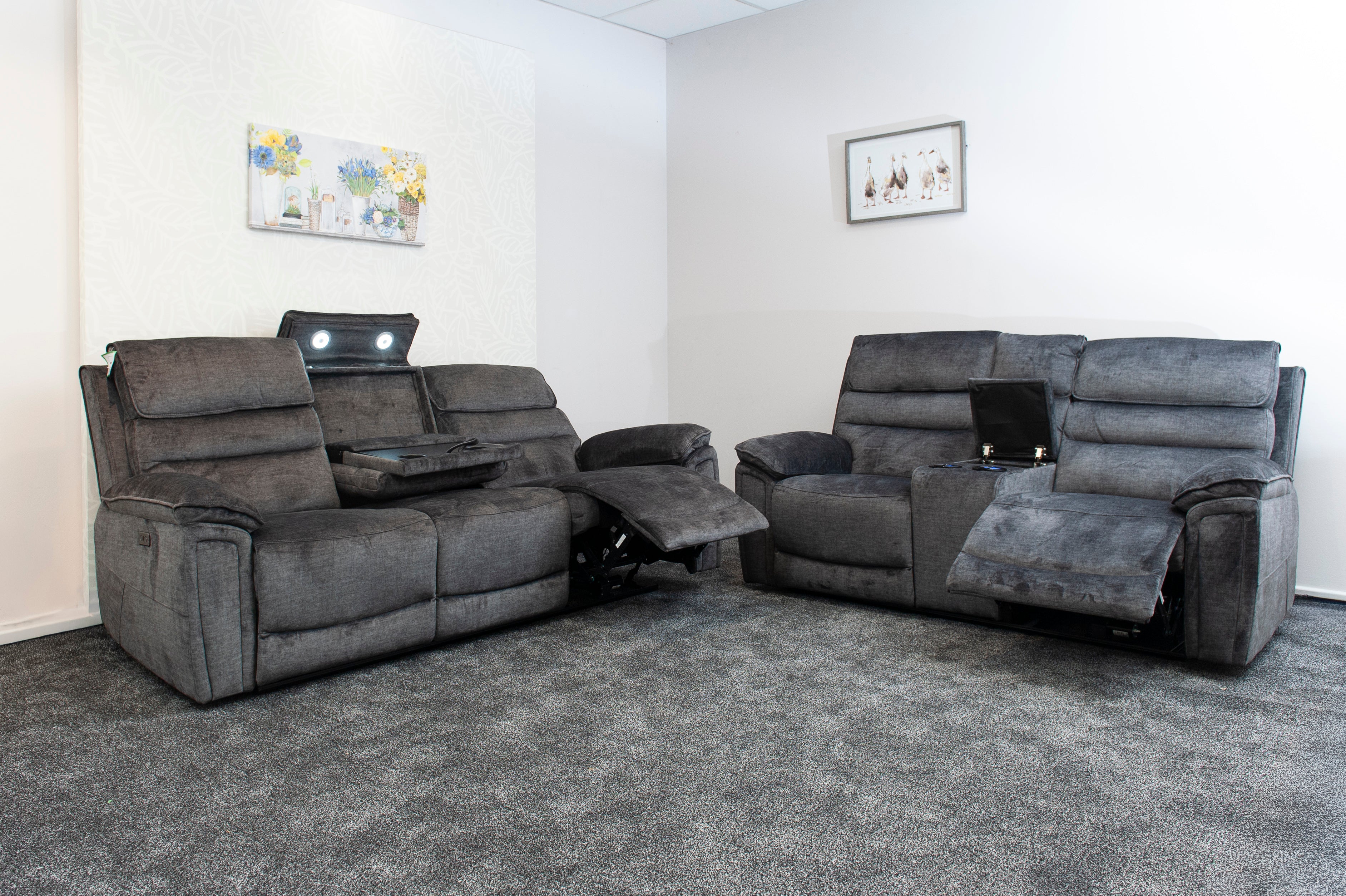 “Donald" Electric Reclining Charcoal Grey Fabric 3 Seater + 2 Seater Sofa Set - Drinks Coolers - USB Charging & Drinks Tray Table + High Seating & Backrest Position | Couch | - Image 9