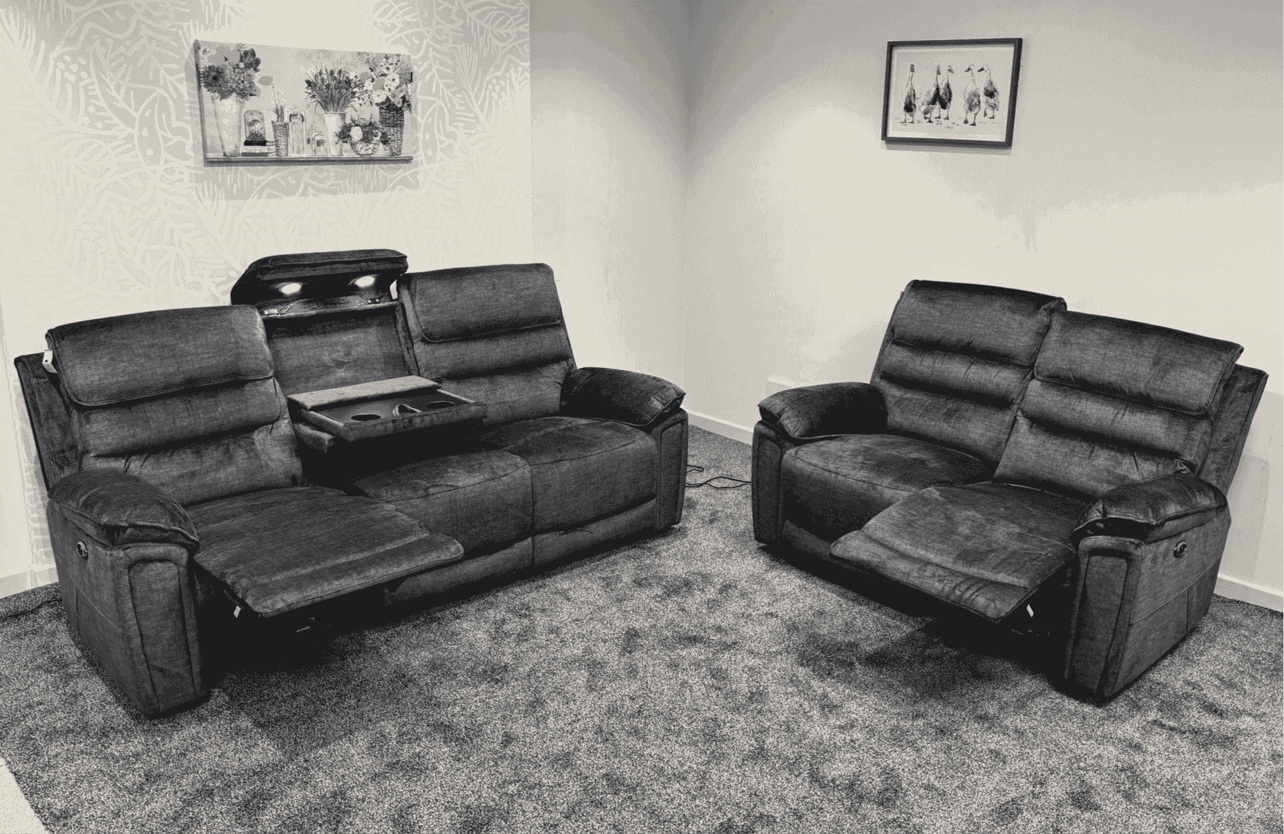 The “ Donald " Electric / Power Reclining Charcoal Grey Fabric 3 + 2 Seater Sofa Set - USB Charging & Drinks Tray Table Plus High Seating & Backrest Position | Couch | - Image 9