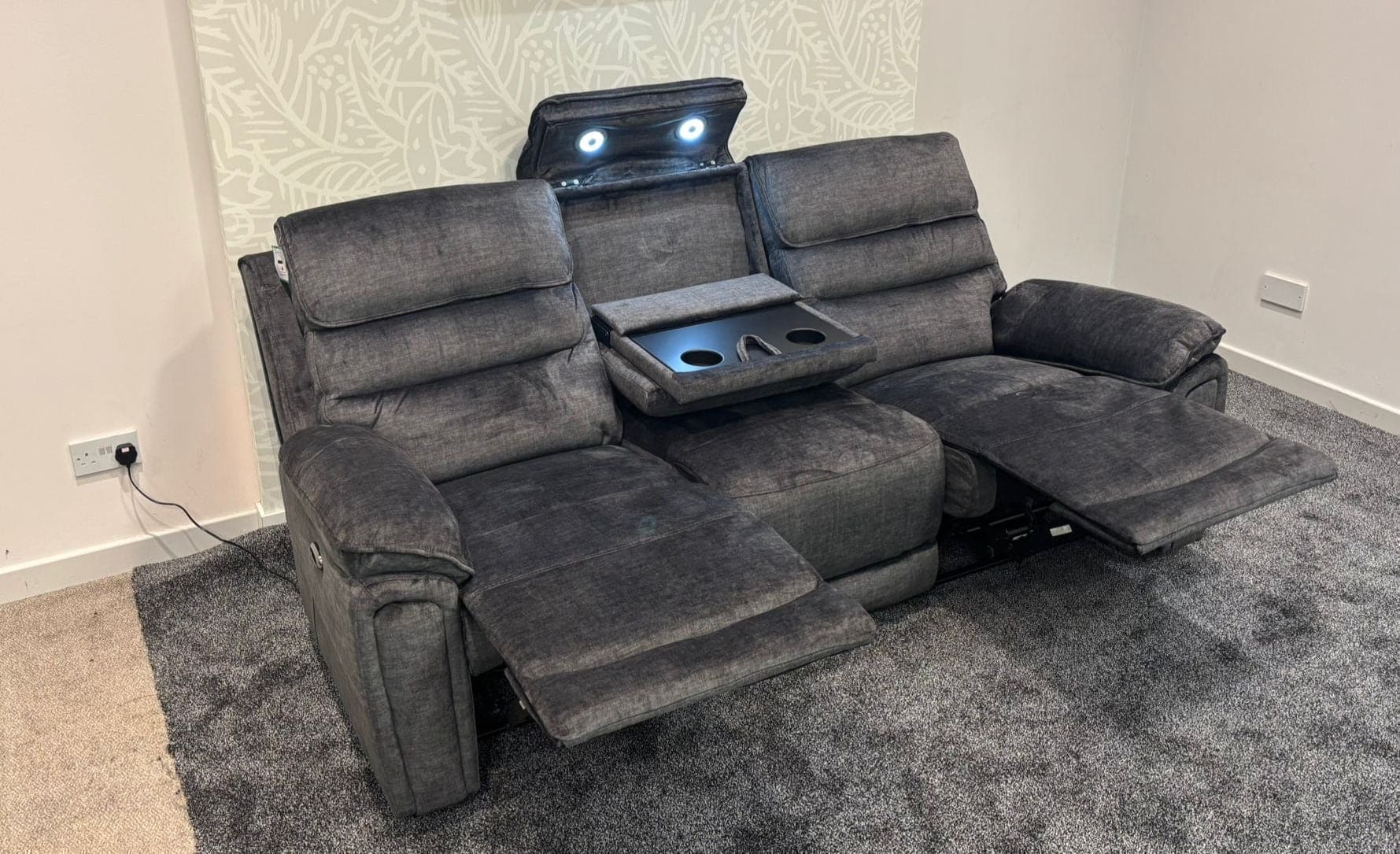 The “ Donald " Electric / Power Reclining Charcoal Grey Fabric 3 Seater Sofa - USB Charging & Drinks Tray Table Plus High Seating & Backrest Position | Couch | - Image 8