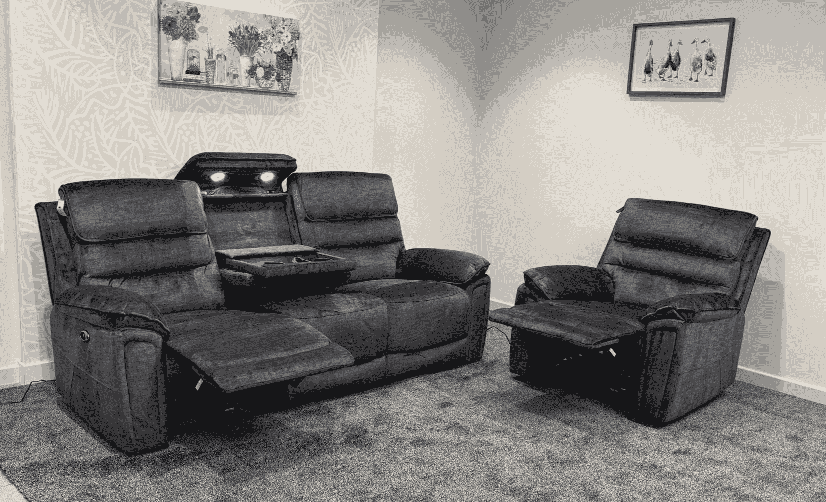The “ Donald " Electric / Power Reclining Charcoal Grey Fabric Sofa Set - USB Charging & Drinks Tray Table Plus High Seating & Backrest Position | Couch | - Image 9