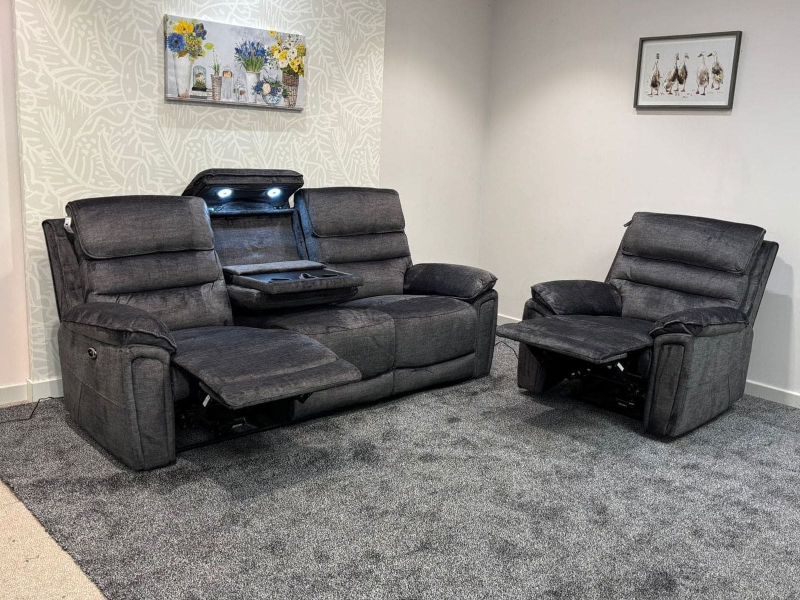 The “ Donald " Electric / Power Reclining Charcoal Grey Fabric Sofa Set - USB Charging & Drinks Tray Table Plus High Seating & Backrest Position | Couch | - Image 21
