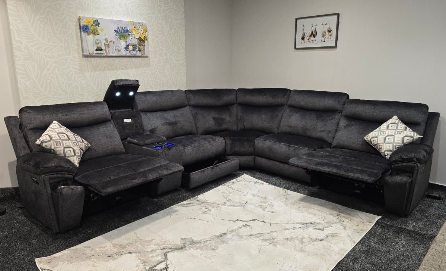 "Xavier" 2c2c Grey Plush Fabric Power Recliner Corner Sofa With USB Charging Ports & Cinema Drinks Console - Image 14