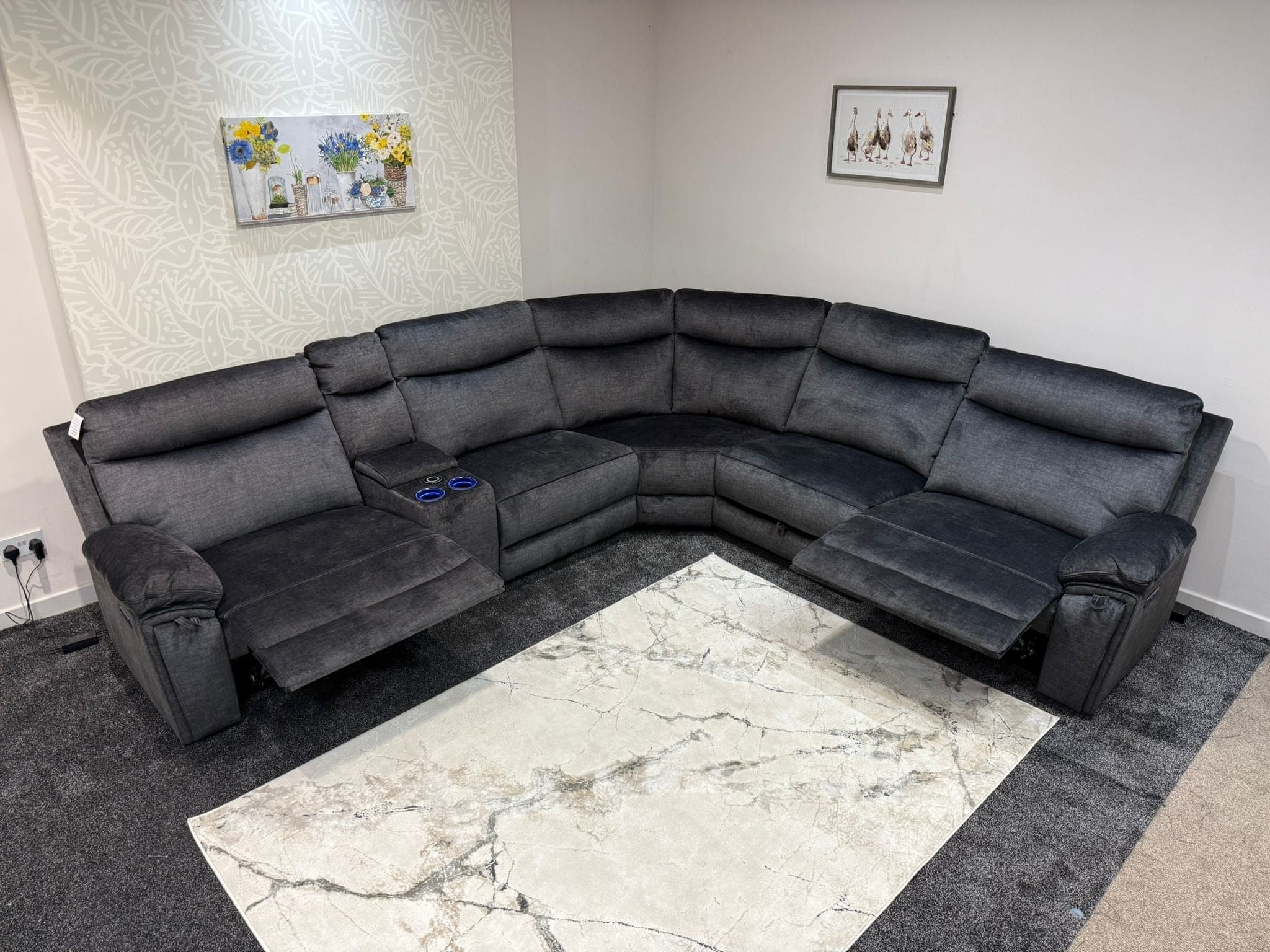 "Xavier" 2c2c Grey Plush Fabric Power Recliner Corner Sofa With USB Charging Ports & Cinema Drinks Console - Image 16