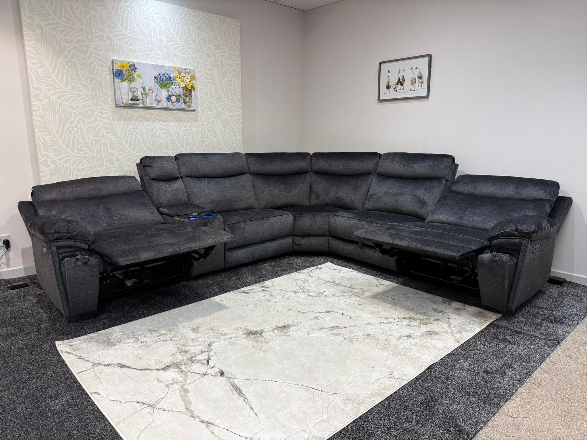 "Xavier" 2c2c Grey Plush Fabric Power Recliner Corner Sofa With USB Charging Ports & Cinema Drinks Console - Image 19