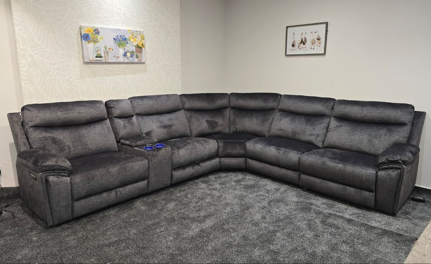 "Xavier" 2c2c Grey Plush Fabric Power Recliner Corner Sofa With USB Charging Ports & Cinema Drinks Console - Image 2