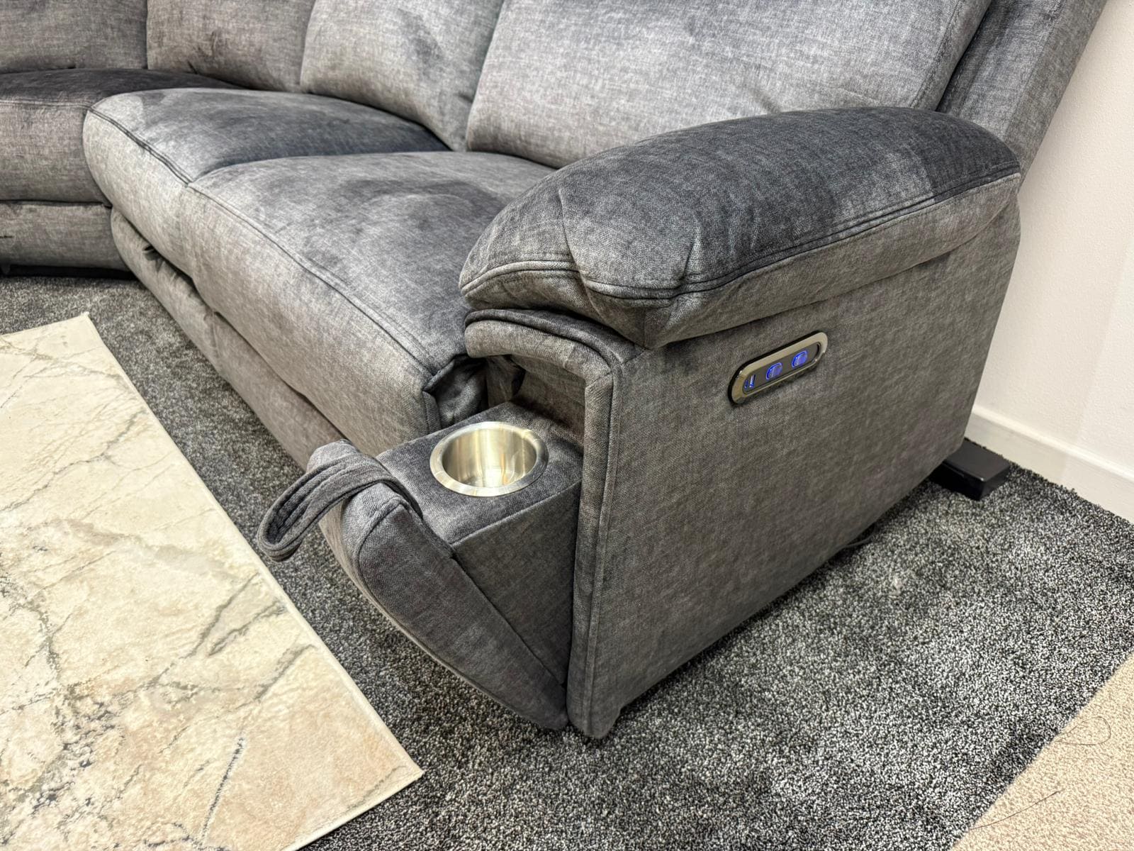 "Xavier" 2c2c Grey Plush Fabric Power Recliner Corner Sofa With USB Charging Ports & Cinema Drinks Console - Image 23