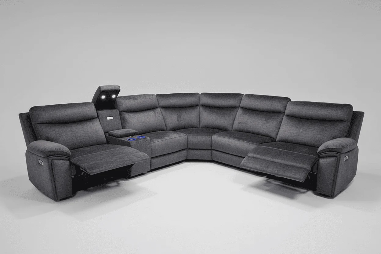 "Xavier" 2c2c Grey Plush Fabric Power Recliner Corner Sofa With USB Charging Ports & Cinema Drinks Console - Image 4