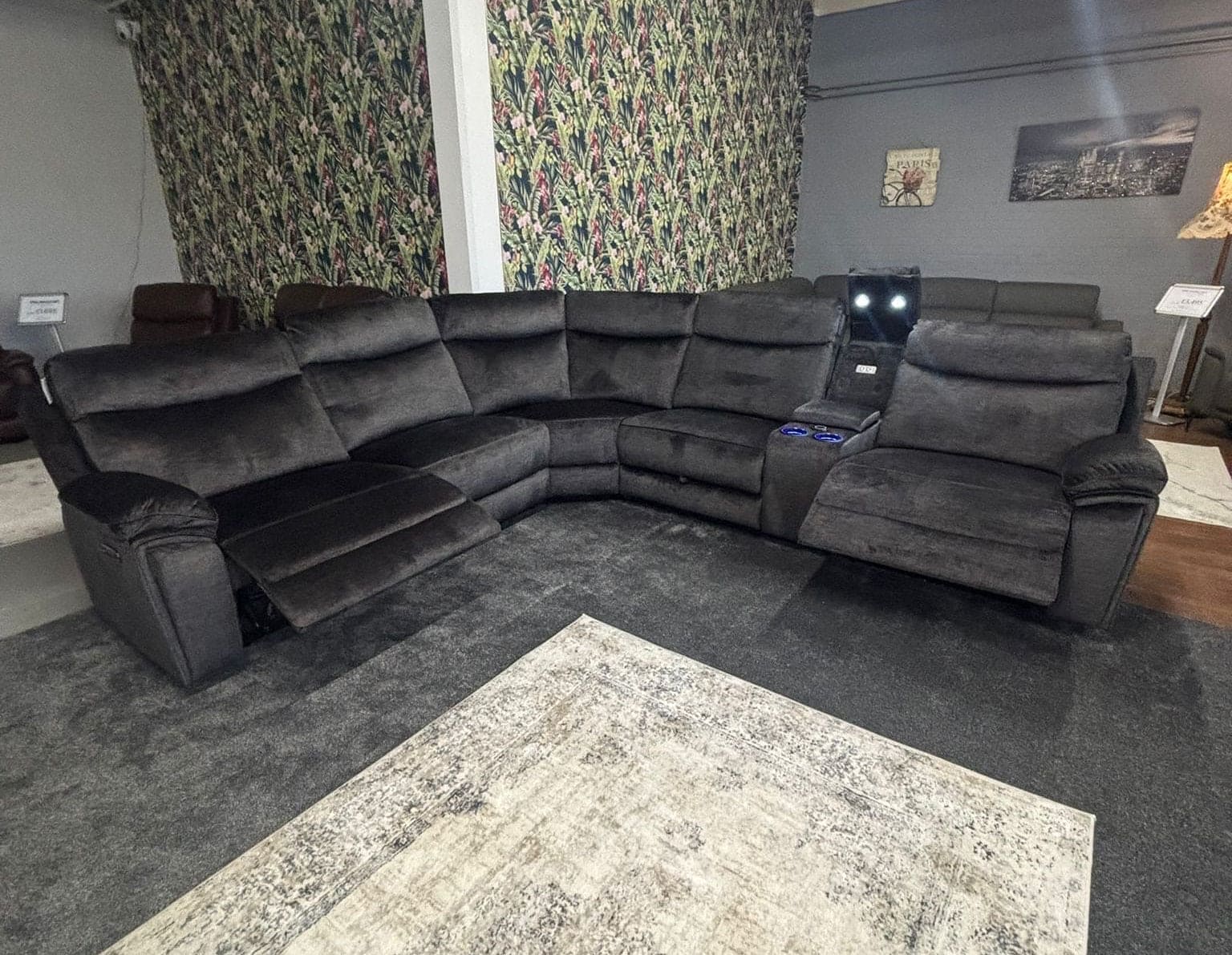 "Xavier" 2c2c Grey Plush Fabric Power Recliner Corner Sofa With USB Charging Ports & Cinema Drinks Console - Image 9