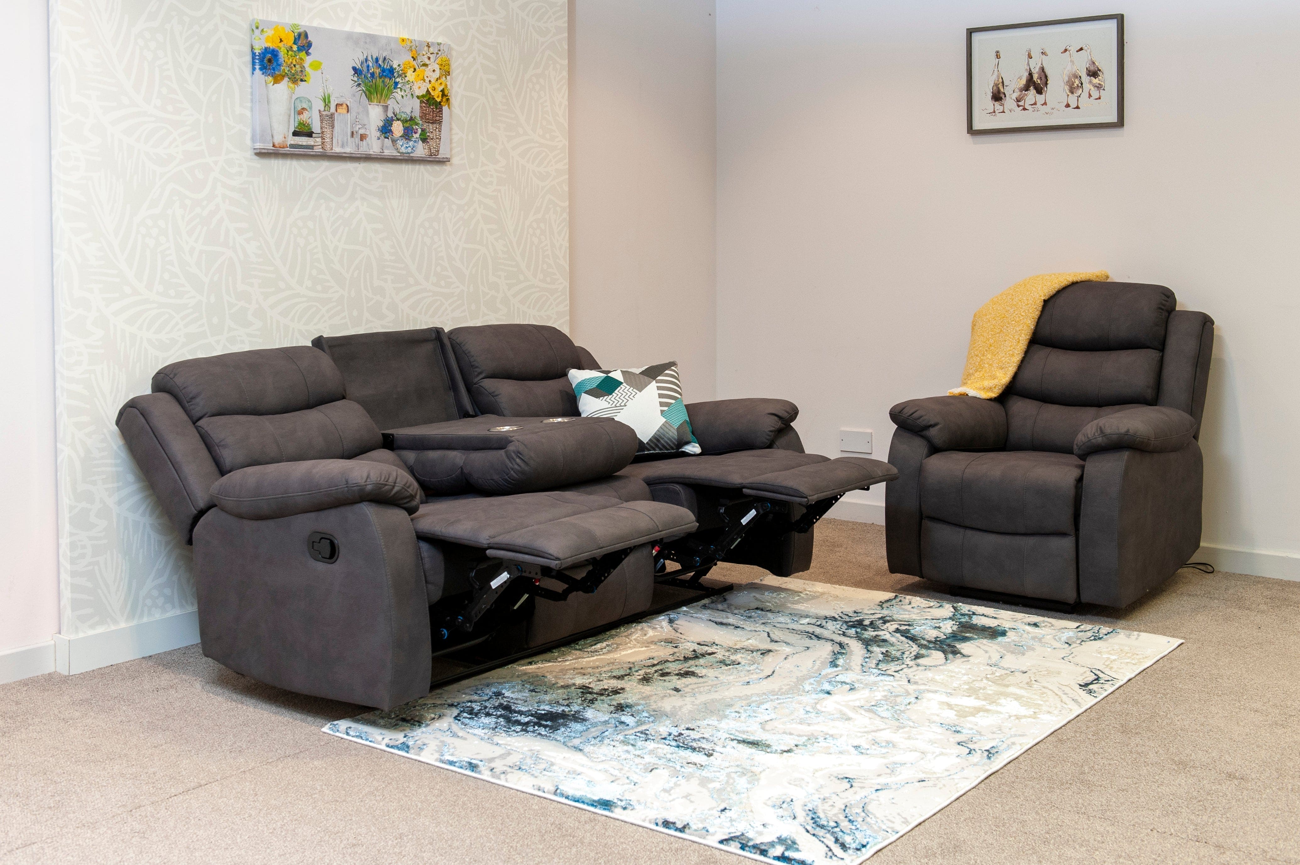 'The Willow' Dark Grey Easy Clean Fabric 3 Seater Sofa & 2 Armchairs Reclining Sofa Set | High Backrests | 2 Stage Motion Recliner | Couch | - Image 14