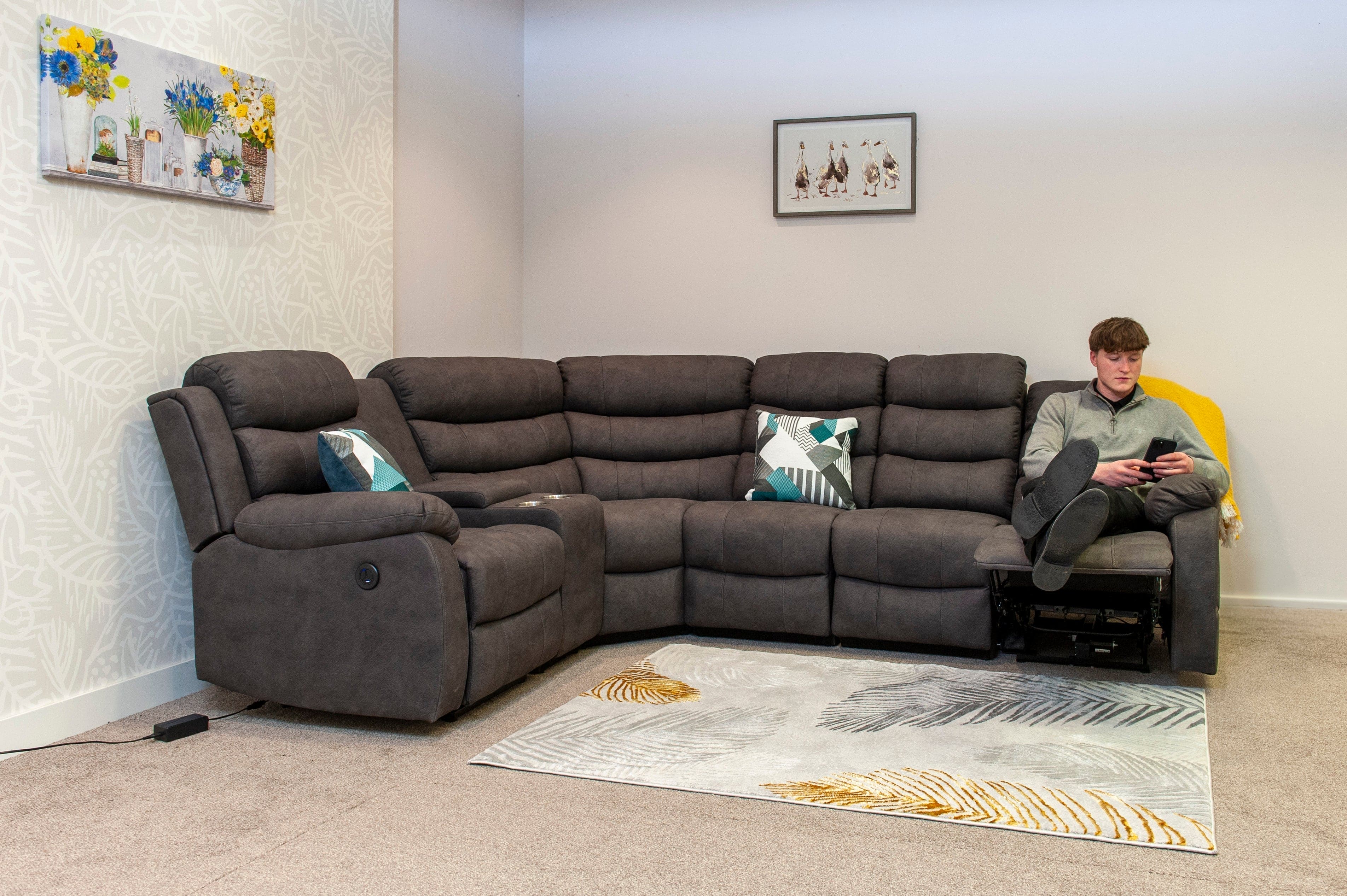 "Willow" Dark Grey Easy Clean Fabric 2C2C Recliner Modular Corner Sofa + Storage Console | Couch | - Image 7