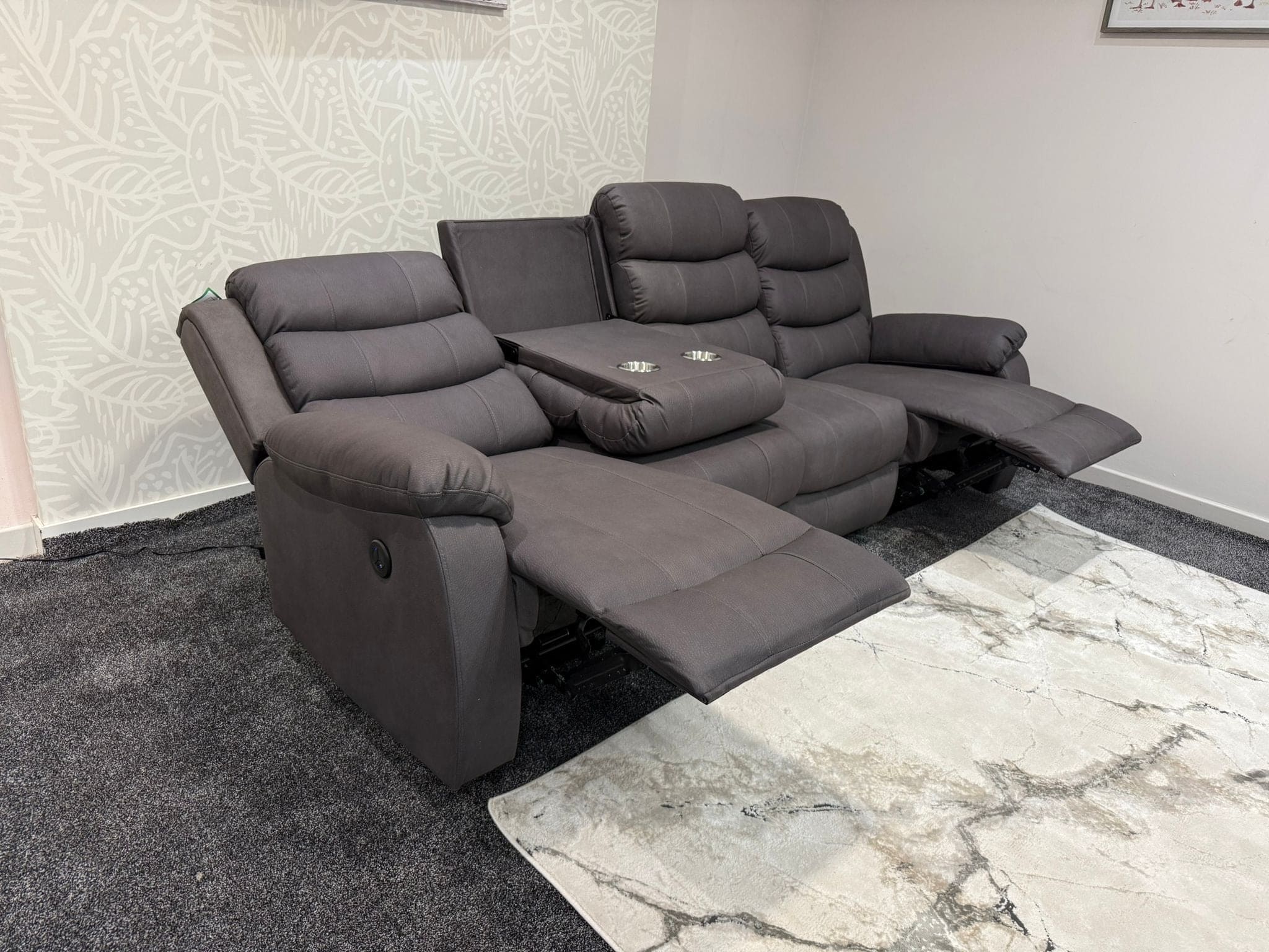 Willow Grey Easy Clean Fabric 4 Seater Sofa | Fold Down Tray Table, High Headrest & Seating Position Couch - Image 10
