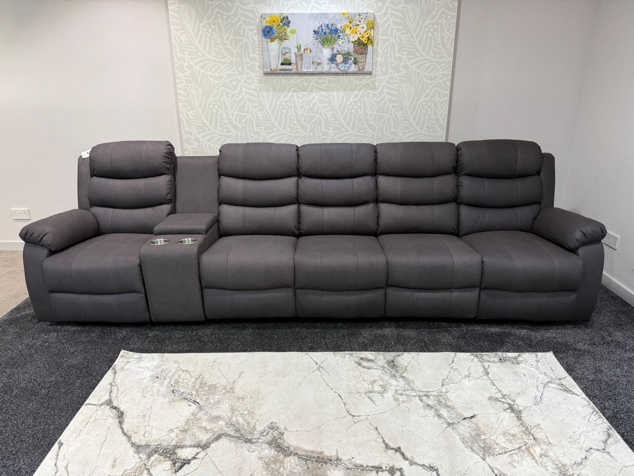 Willow Grey Easy Clean Fabric 5 Seater Sofa With Drinks Console | Fold Down Tray Table, High Headrest & Seating Position Couch - Image 6