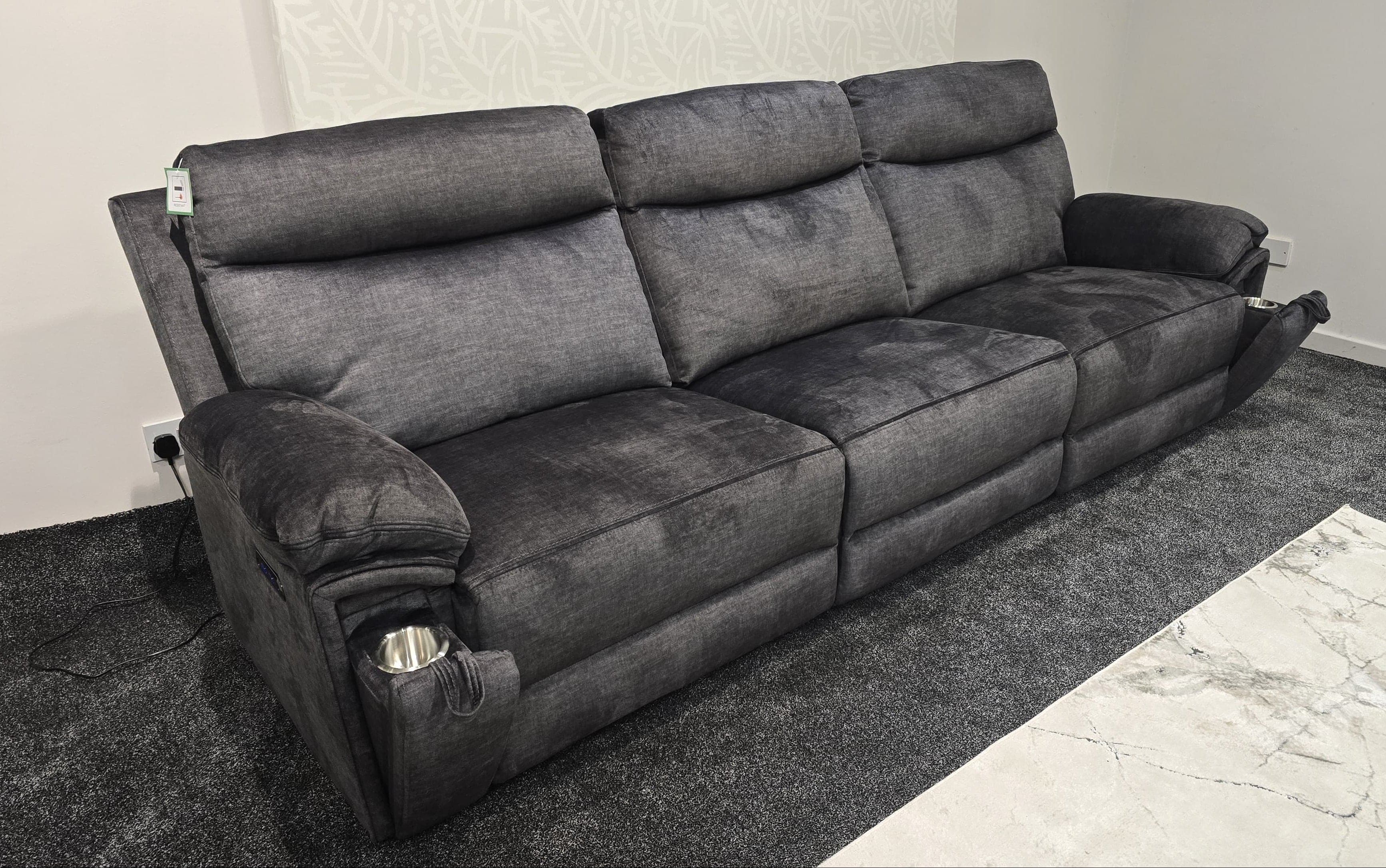 "Xavier" 5 Seater Sofa In Grey Plush Fabric & Comes With Power Recliners, USB Charging Ports & Fold Out Cup Holders. LAF + RAF Armless - Image 4