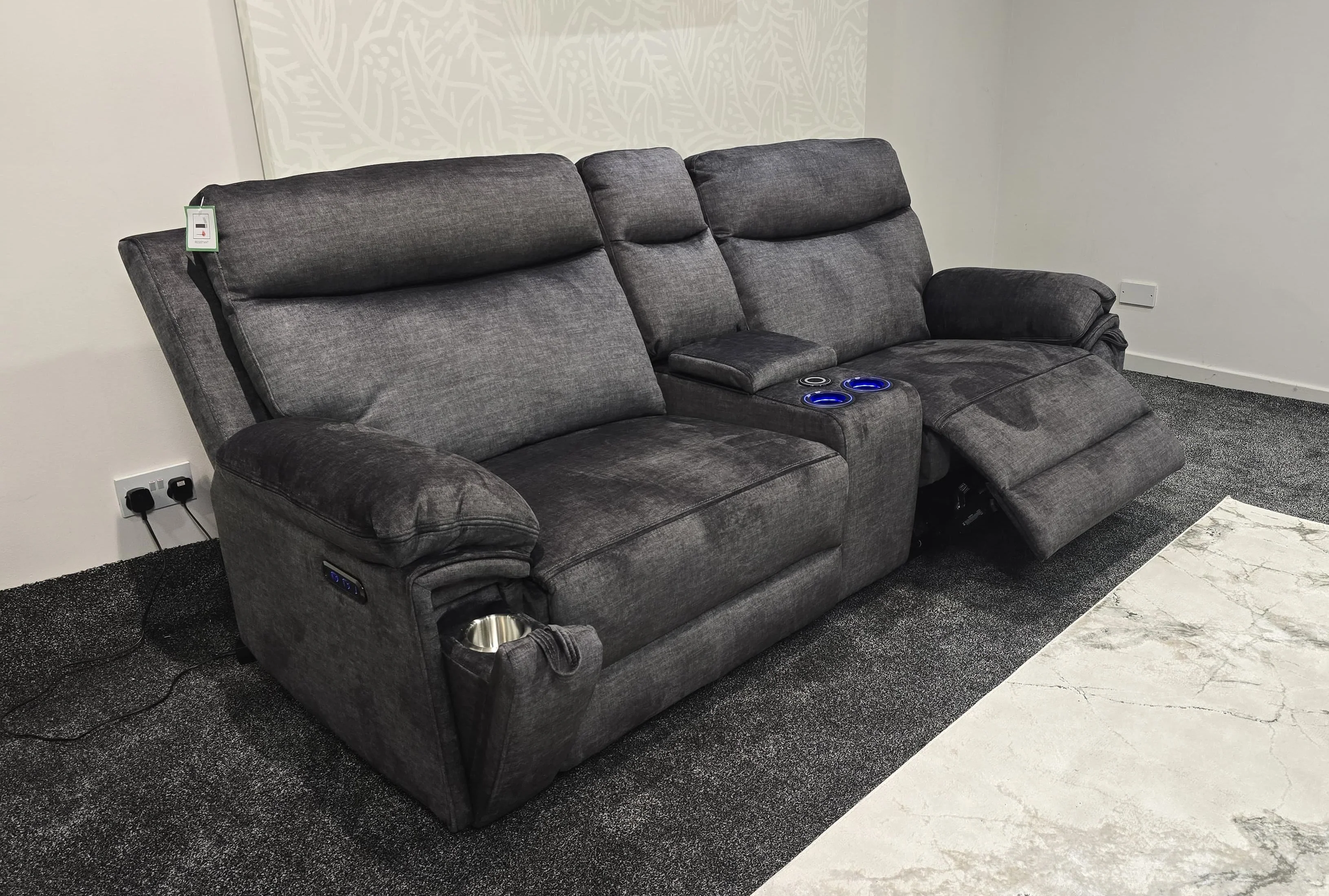 "Xavier" Cinema Sofa in Grey Plush Fabric & Comes With Power Recliners, USB Charging Ports, Drinks Cooling Cup Holders Plus Wireless Charging & Storage. Laf + RAF + Tech Console - Image 2