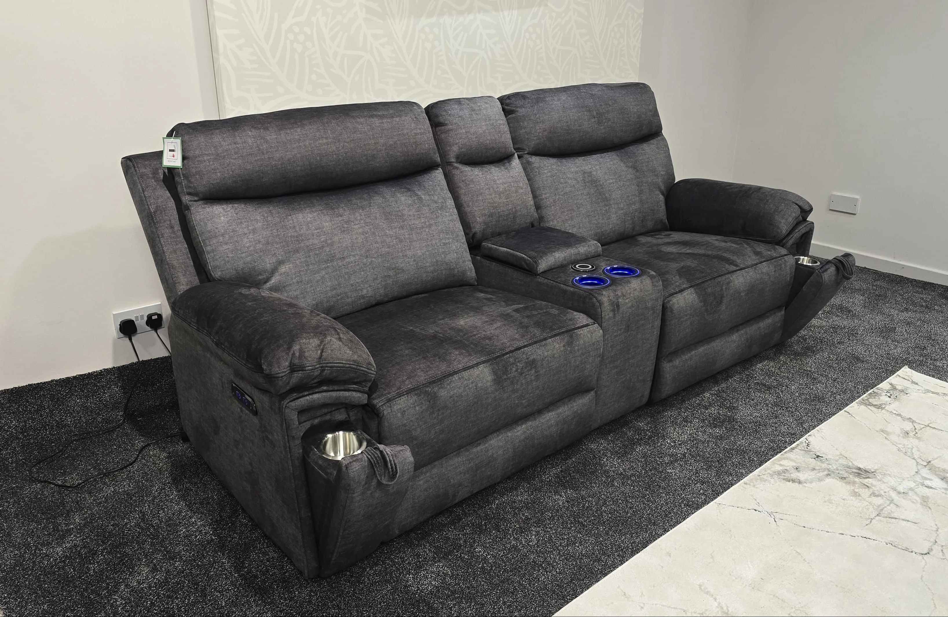 "Xavier" Cinema Sofa in Grey Plush Fabric & Comes With Power Recliners, USB Charging Ports, Drinks Cooling Cup Holders Plus Wireless Charging & Storage. Laf + RAF + Tech Console - Image 3