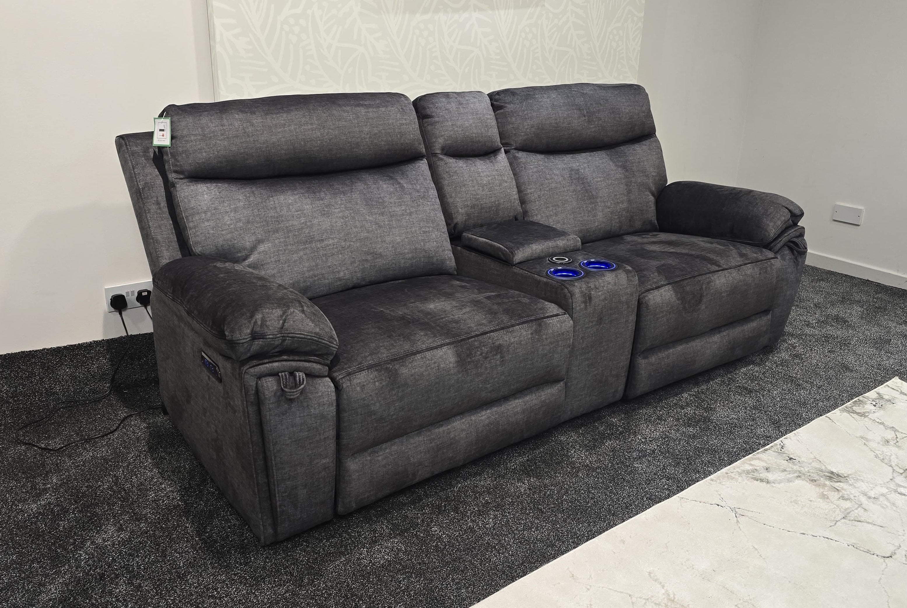 "Xavier" Cinema Sofa in Grey Plush Fabric & Comes With Power Recliners, USB Charging Ports, Drinks Cooling Cup Holders Plus Wireless Charging & Storage. Laf + RAF + Tech Console - Image 4