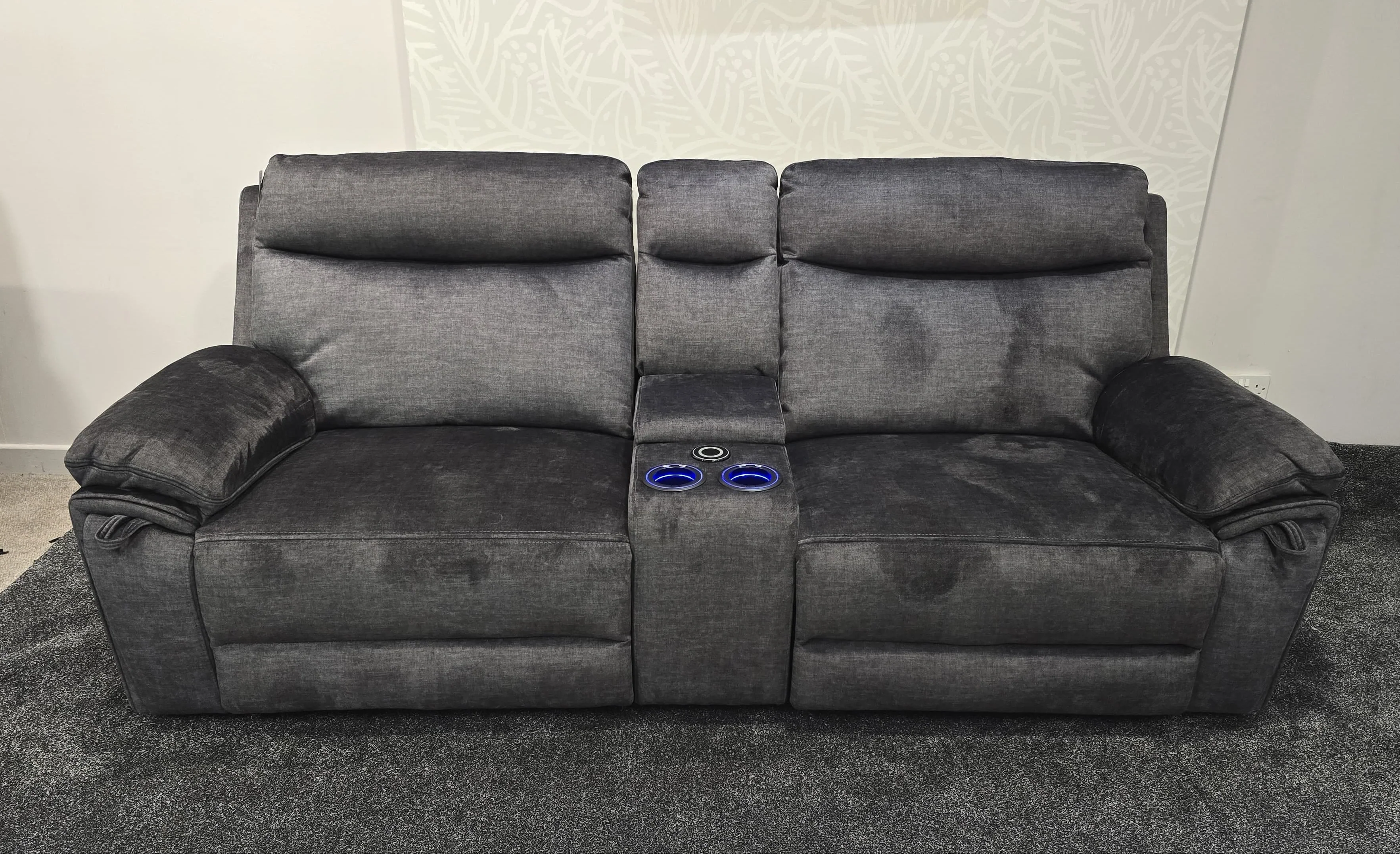 "Xavier" Cinema Sofa in Grey Plush Fabric & Comes With Power Recliners, USB Charging Ports, Drinks Cooling Cup Holders Plus Wireless Charging & Storage. Laf + RAF + Tech Console - Image 5